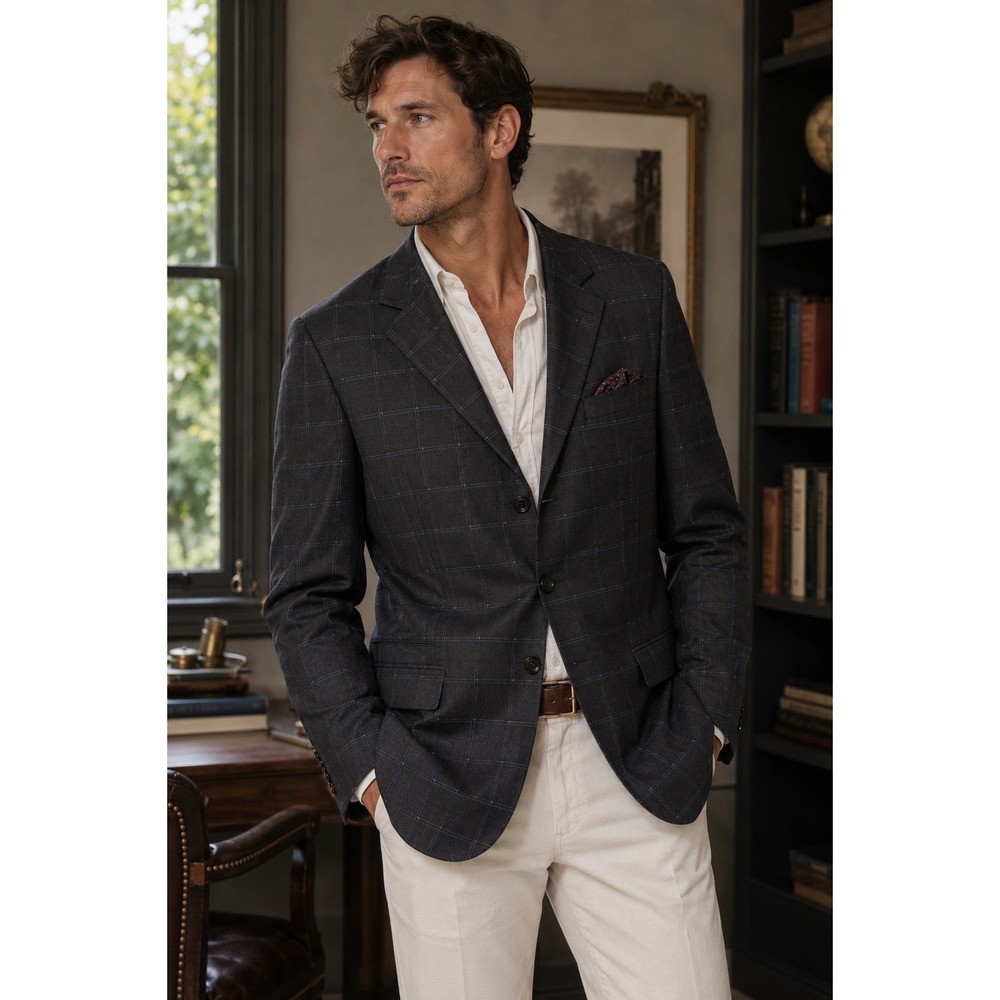 Super 120s Wool Via Veneto Italian Charcoal Windowpane Blazer Size 42